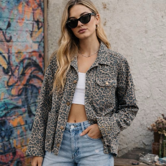 Women's Animal Print Jean Chore Jacket Denim Workwear Cool Girl Retro Leopard L - Picture 1 of 6